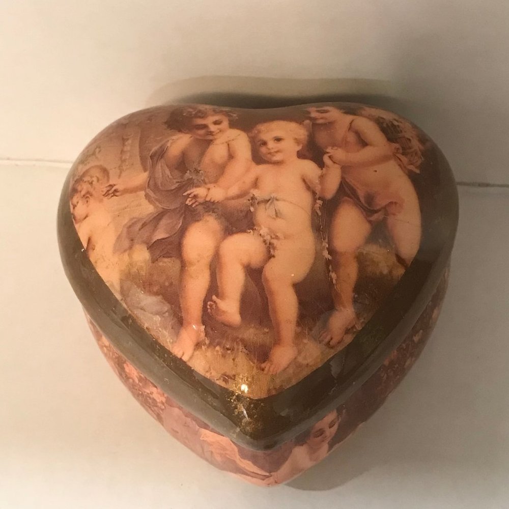 Vintage Ceramic Heart Trinket Box Jewelry Victorian Cherub Children Roses Padded